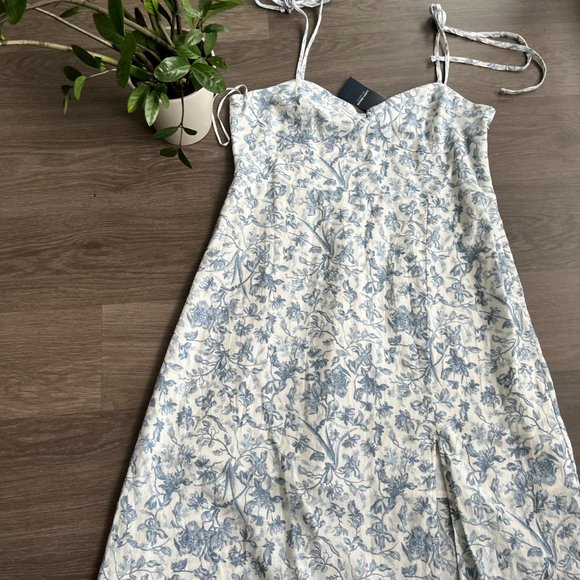 NWT Lucky Brand Blue & White Lined Bustier Style Floral Midi Dress w Side Slit - Picture 3 of 13
